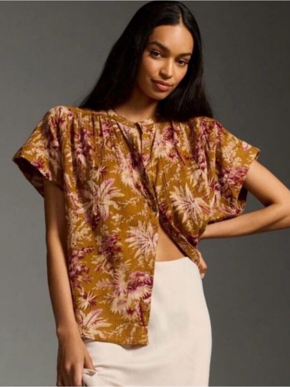 Pilcro Blouse Batwing Floral Mustard Floral Button-Front Short Sleeve Oversized